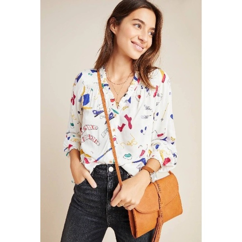Maeve Anthropologie Marisol Ruffled Blouse Apres Ski Novelty Print White Size 6